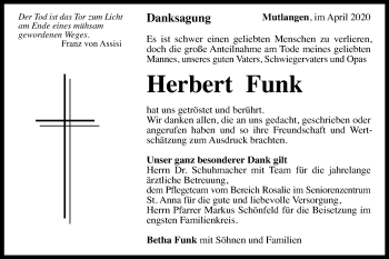 Traueranzeige von Herbert Funk von Gmünder Tagespost