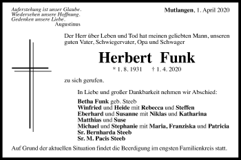 Traueranzeige von Herbert Funk von Gmünder Tagespost