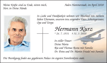 Traueranzeige von Hermann Kurz von Schwäbische Post