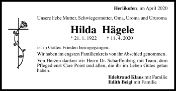 Traueranzeige von Hilda Hägele von Gmünder Tagespost