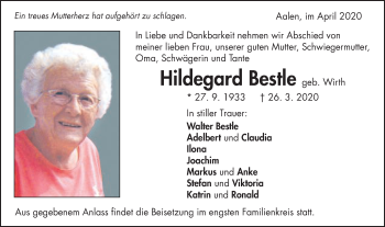 Traueranzeige von Hildegard Bestle von Schwäbische Post