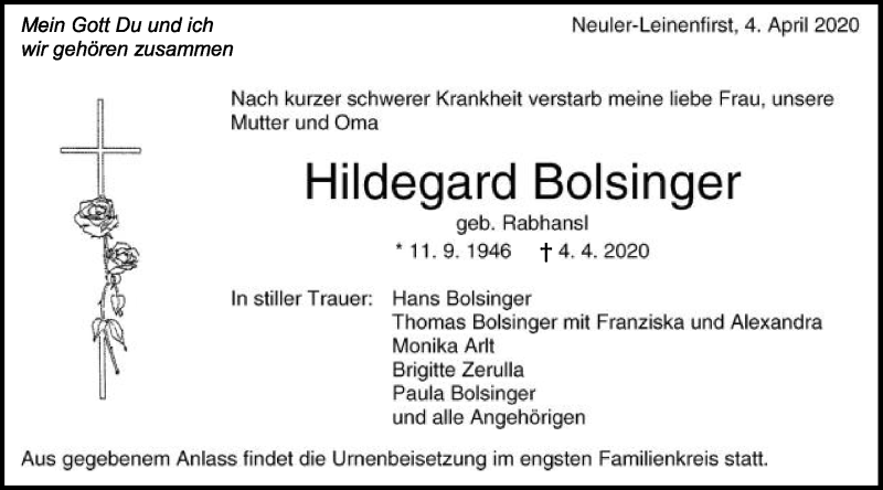  Traueranzeige für Hildegard Bolsinger vom 07.04.2020 aus Schwäbische Post