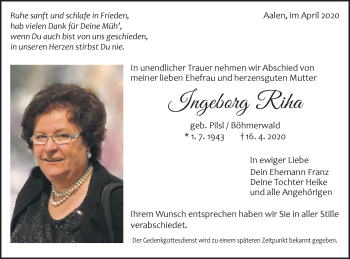 Traueranzeige von Ingeborg Riha von Schwäbische Post