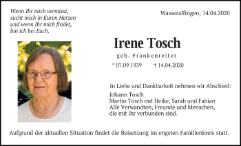 Traueranzeige von Irene Tosch von Schwäbische Post