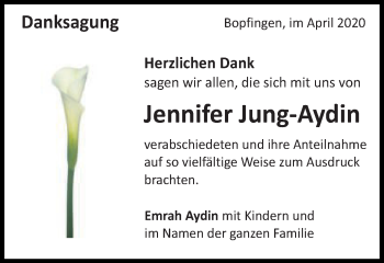 Traueranzeige von Jennifer Jung-Aydin von Schwäbische Post