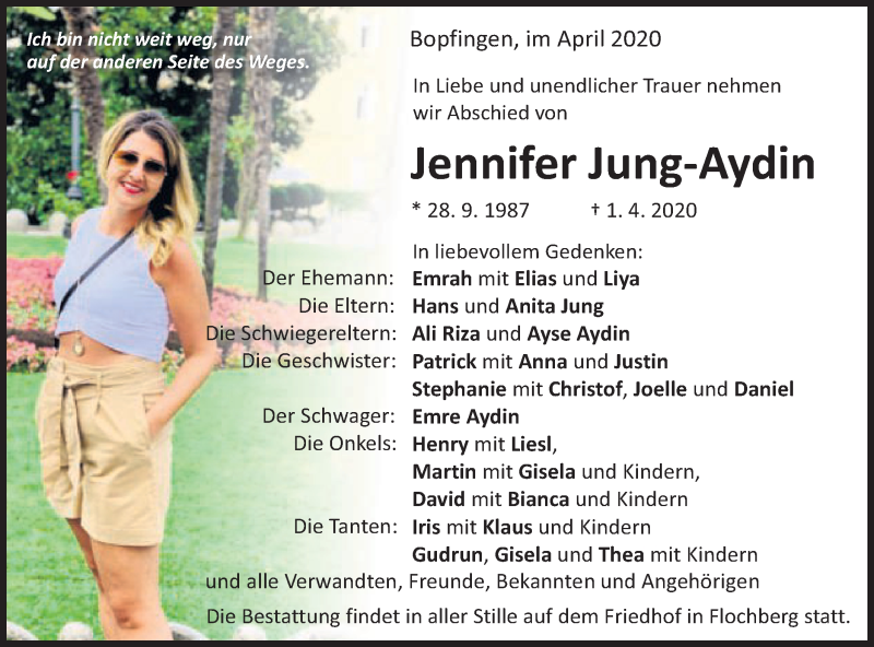  Traueranzeige für Jennifer Jung-Aydin vom 02.04.2020 aus Schwäbische Post