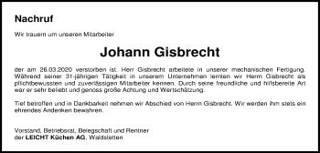 Traueranzeige von Johann Gisbrecht von Gmünder Tagespost