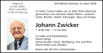 Traueranzeige von Johann Zwicker von Gmünder Tagespost