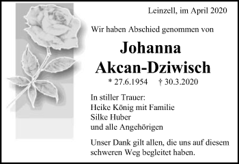 Traueranzeige von Johanna Akcan-Dziwisch von Gmünder Tagespost