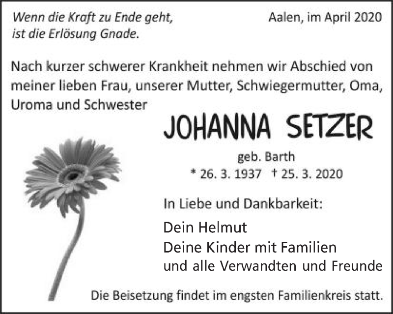  Traueranzeige für Johanna Setzer vom 22.04.2020 aus Schwäbische Post