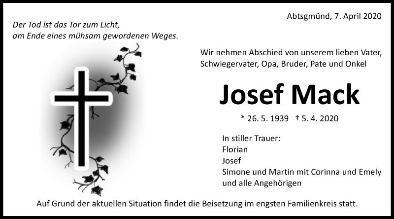  Traueranzeige für Josef Mack vom 07.04.2020 aus Schwäbische Post