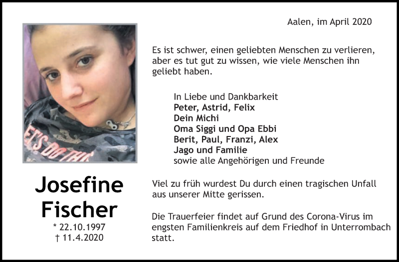  Traueranzeige für Josefine Fischer vom 17.04.2020 aus Schwäbische Post