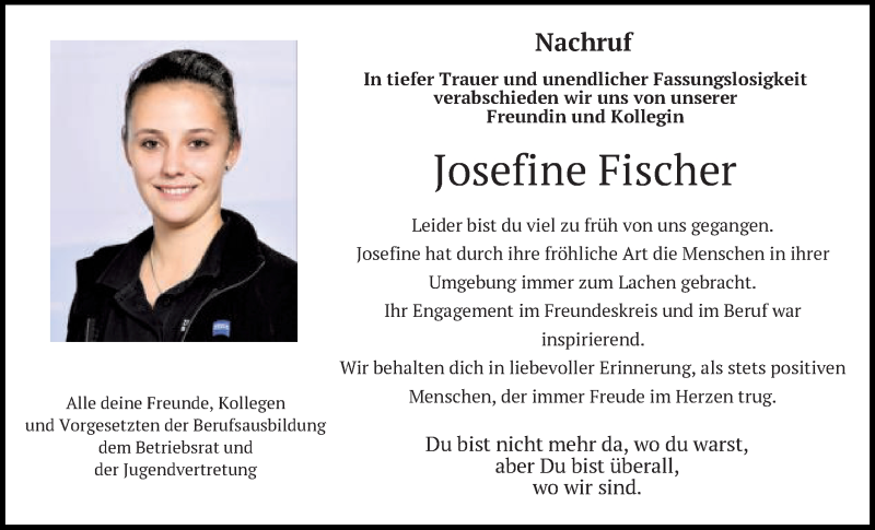  Traueranzeige für Josefine Fischer vom 25.04.2020 aus Schwäbische Post