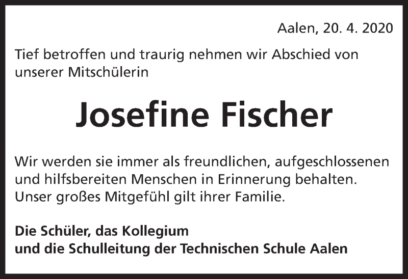 Traueranzeige für Josefine Fischer vom 22.04.2020 aus Schwäbische Post