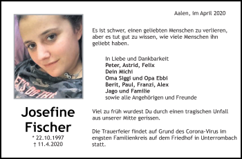 Traueranzeige von Josefine Fischer von Schwäbische Post