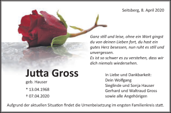 Traueranzeige von Jutta Gross von Schwäbische Post