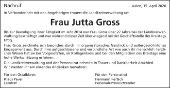 Traueranzeige von Jutta Gross von Schwäbische Post