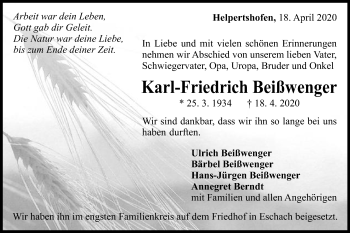 Traueranzeige von Karl-Friedrich Beißwenger von Gmünder Tagespost