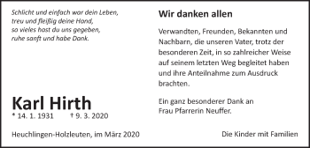 Traueranzeige von Karl Hirth von Gmünder Tagespost