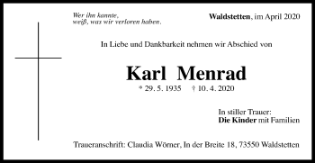 Traueranzeige von Karl Menrad von Gmünder Tagespost