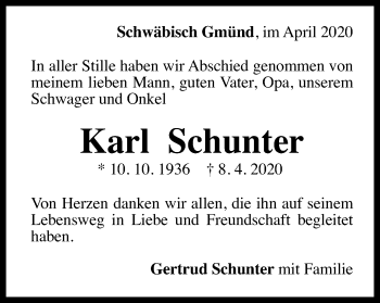 Traueranzeige von Karl Schunter von Gmünder Tagespost