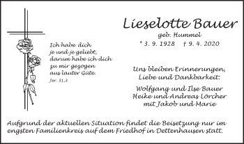 Traueranzeige von Lieselotte Bauer von Gmünder Tagespost