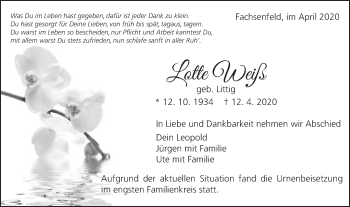 Traueranzeige von Lotte Weiß von Schwäbische Post