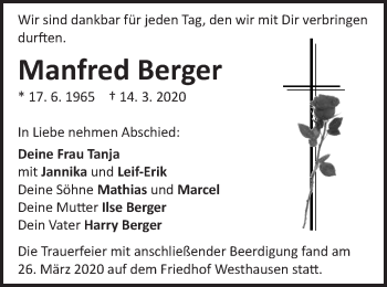 Traueranzeige von Manfred Berger von Schwäbische Post