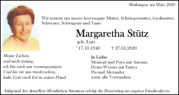 Traueranzeige von Margaretha Stütz von Gmünder Tagespost