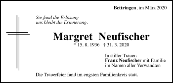 Traueranzeige von Margret Neufischer von Gmünder Tagespost