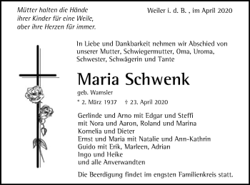 Traueranzeige von Maria Schwenk von Gmünder Tagespost