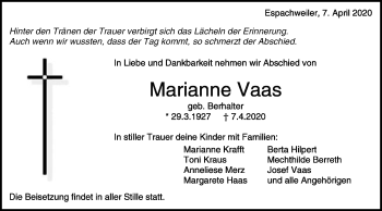 Traueranzeige von Marianne Vaas von Schwäbische Post