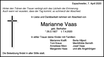 Traueranzeige von Marianne Vaas