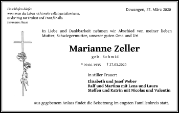 Traueranzeige von Marianne Zeller von Schwäbische Post