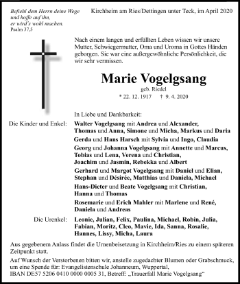 Traueranzeige von Marie Vogelgsang von Schwäbische Post