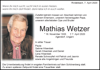Traueranzeige von Mathias Wetzer von Schwäbische Post