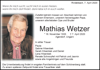 Traueranzeige von Mathias Wetzer