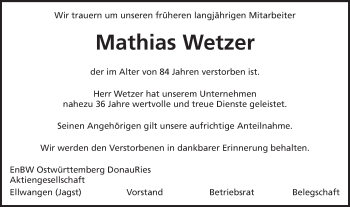 Traueranzeige von Mathias Wetzer