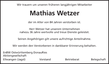 Traueranzeige von Mathias Wetzer von Schwäbische Post