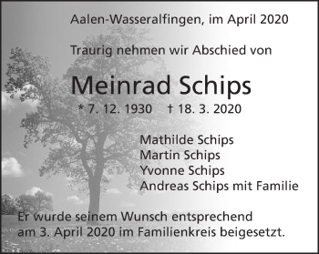 Traueranzeige von Meinrad Schips von Schwäbische Post