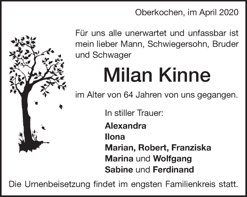  Traueranzeige für Milan Kinne vom 03.04.2020 aus Schwäbische Post