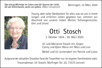 Traueranzeige von Otti Stosch von Gmünder Tagespost