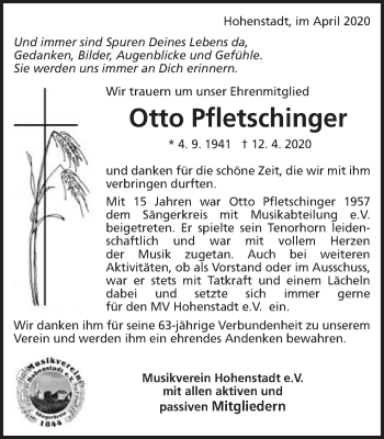 Traueranzeige von Otto Pfletschinger von Kocher-Lein-Bote