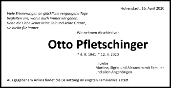 Traueranzeige von Otto Pfletschinger von Schwäbische Post