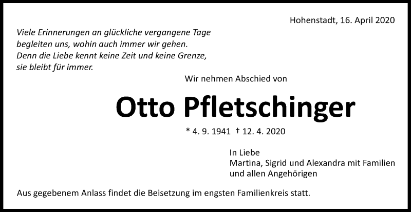  Traueranzeige für Otto Pfletschinger vom 16.04.2020 aus Schwäbische Post