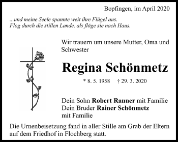Traueranzeige von Regina Schönmetz von Bopfinger Stadtanzeiger