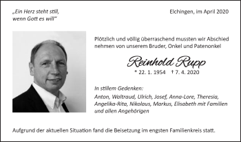 Traueranzeige von Reinhold Rupp von Schwäbische Post
