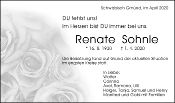 Traueranzeige von Renate Sohnle von Gmünder Tagespost