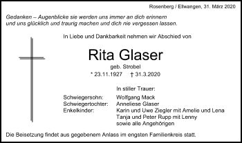 Traueranzeige von Rita Glaser von Schwäbische Post