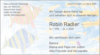 Traueranzeige von Robin Radler von Schwäbische Post
